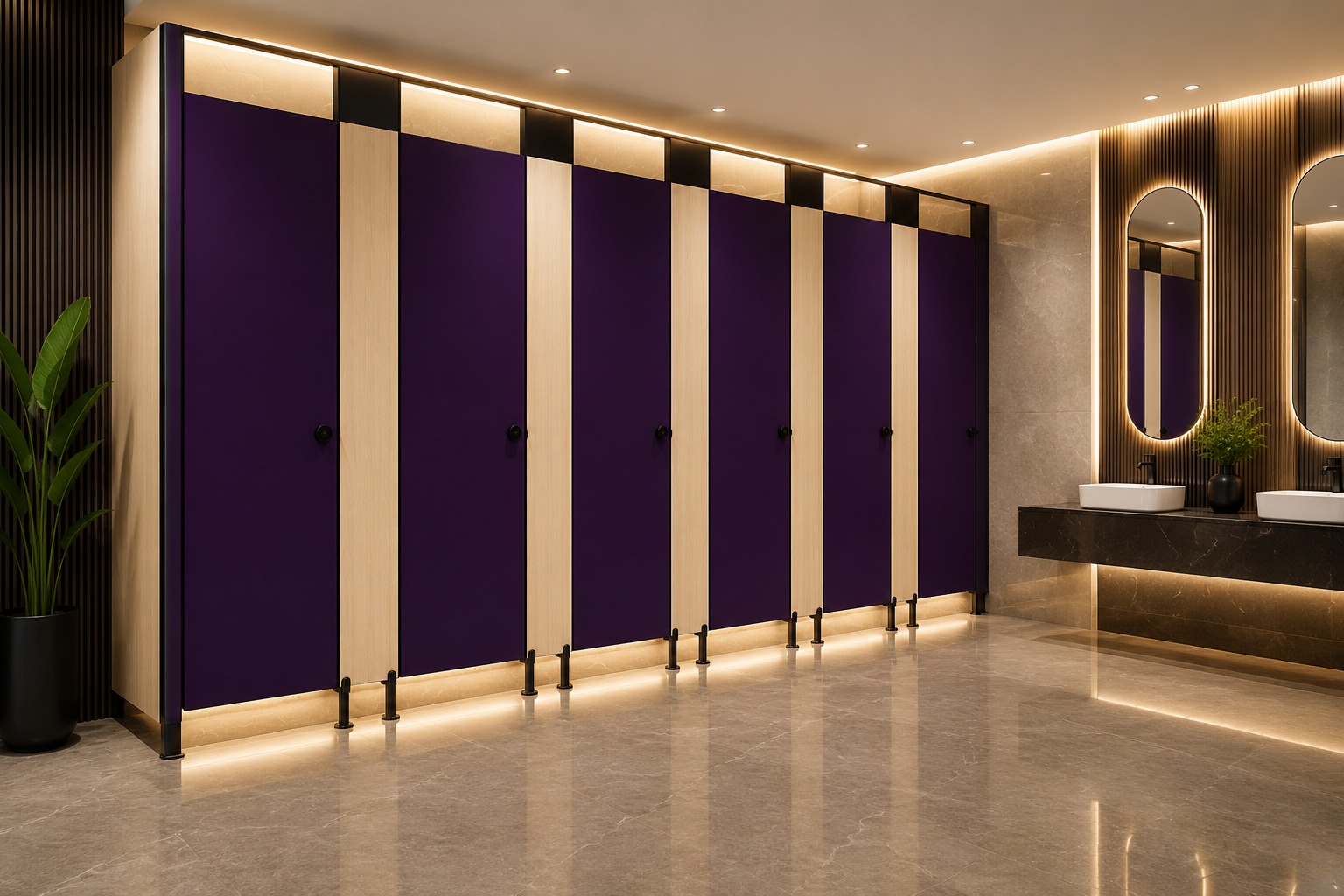 Contemporary commercial washroom cubicle installation