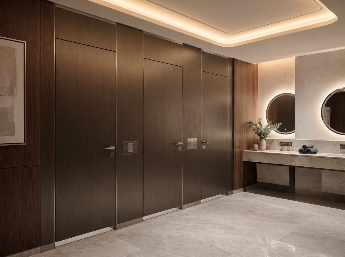 Premium laminate toilet cubicles in a luxury hotel washroom