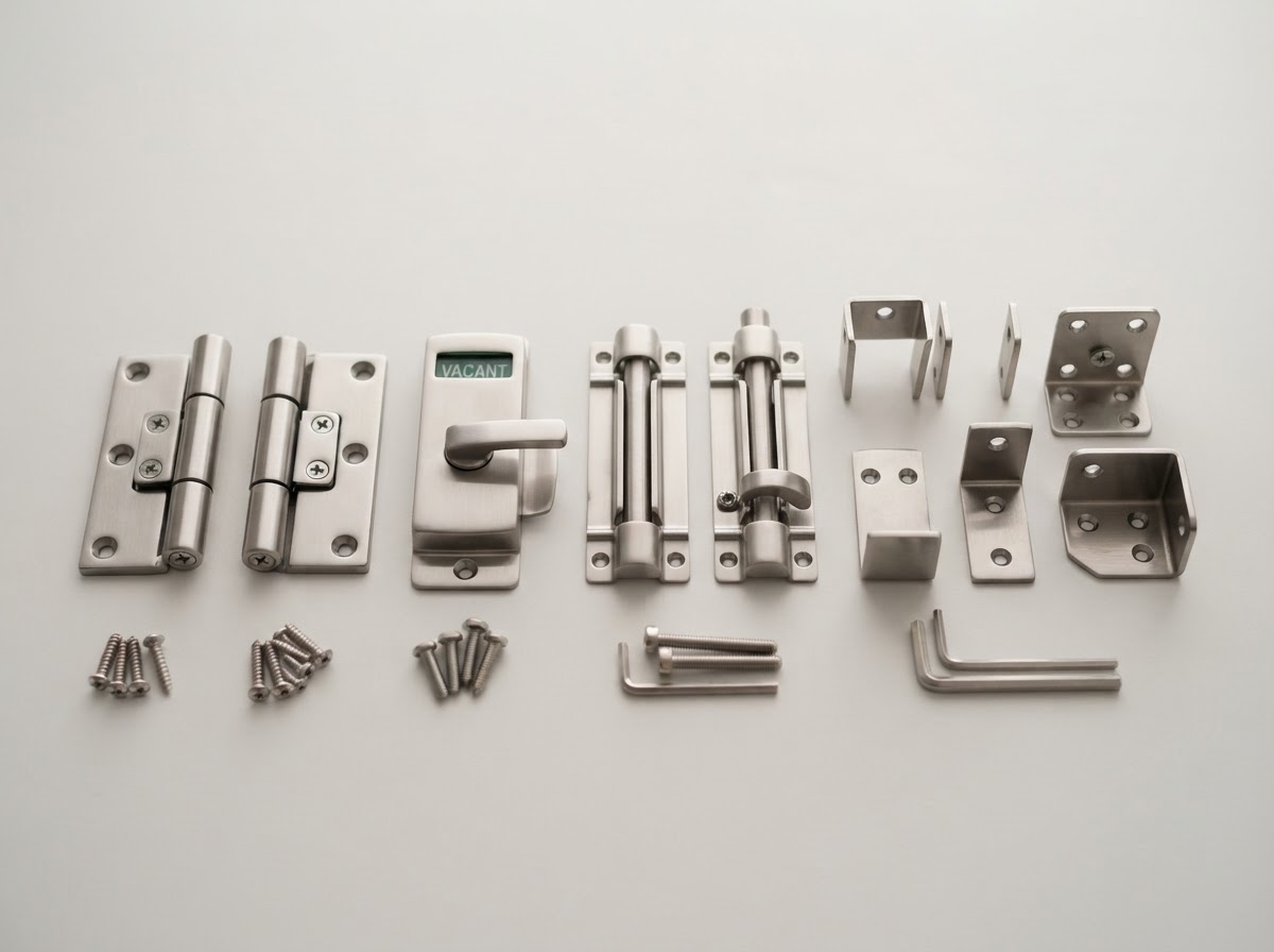 Toilet cubicle hinges, locks, brackets and supports