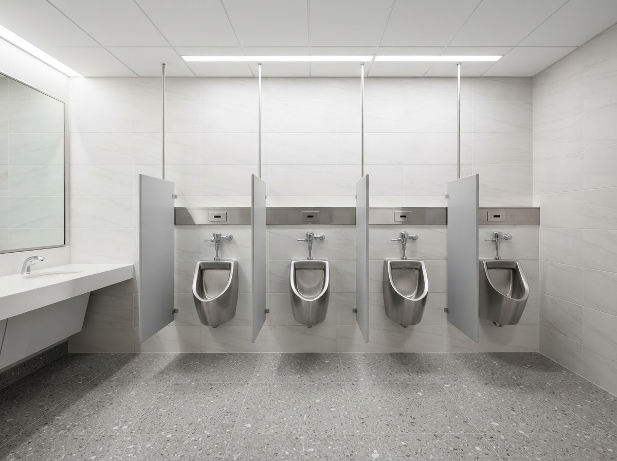 Urinal partitions and privacy screens in a commercial washroom