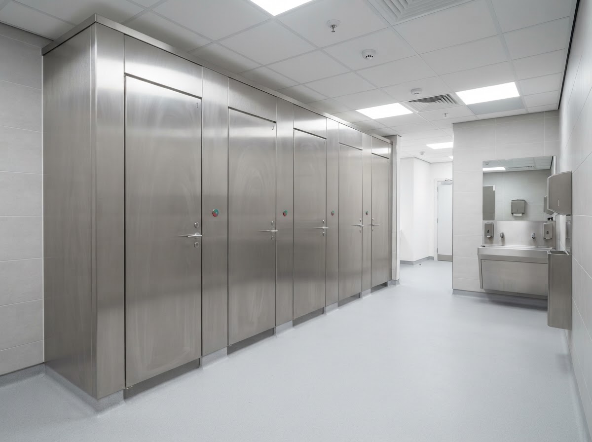 Full stainless steel restroom cubicles in a hospital