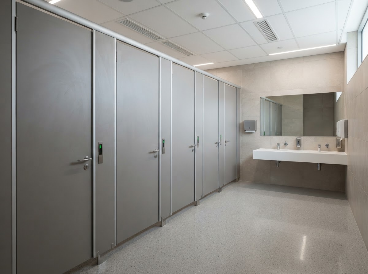 Shoe box profile toilet cubicles in a commercial washroom