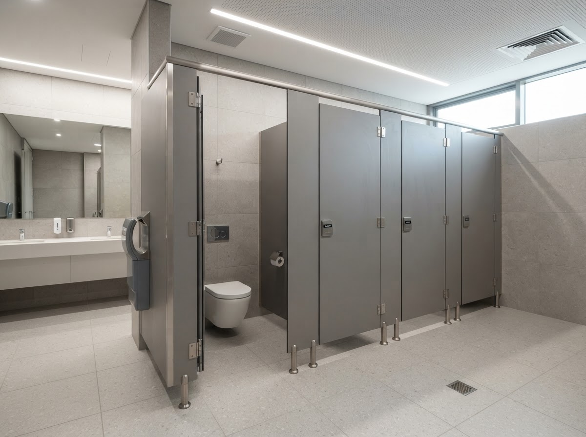 Nylon toilet cubicles in a commercial washroom