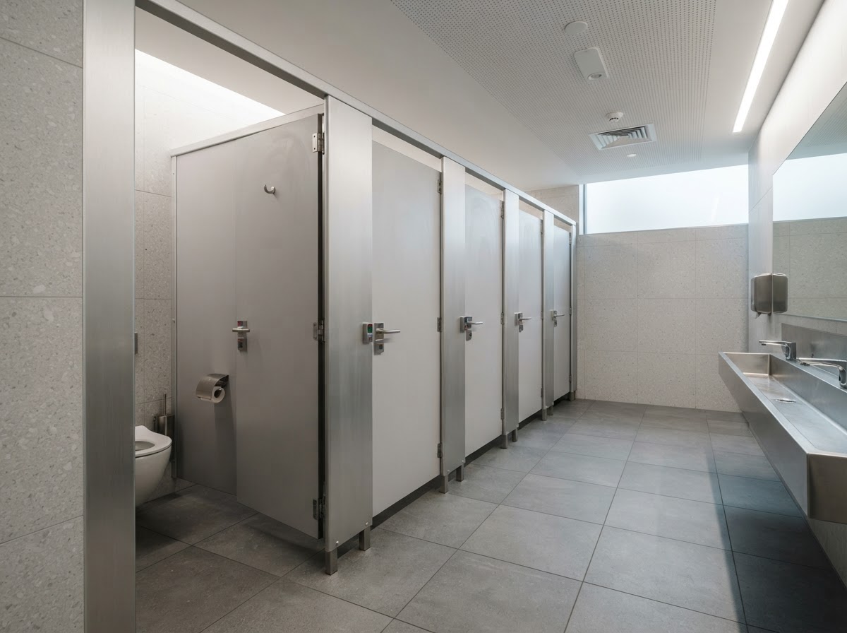 Aluminium framed toilet cubicles with stainless steel fittings