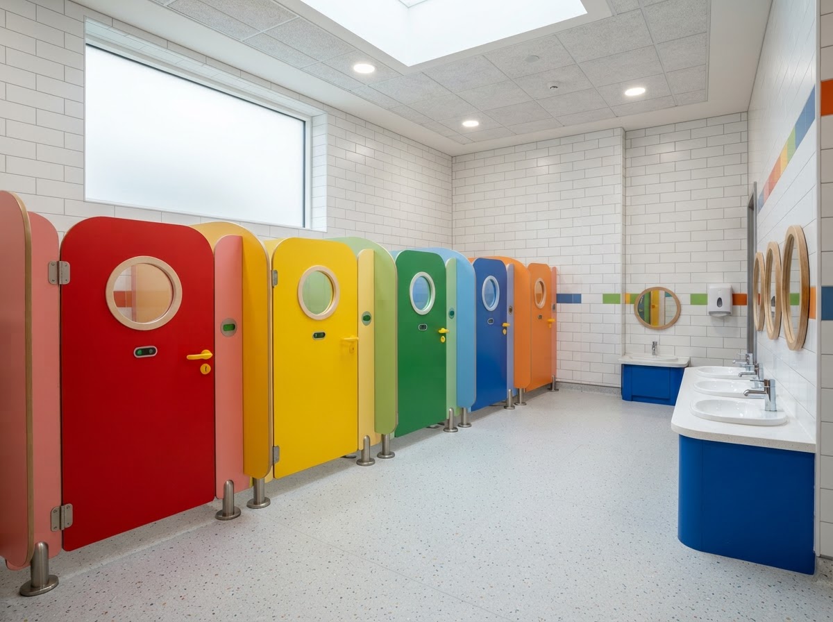 Bright children's toilet cubicles in a school washroom