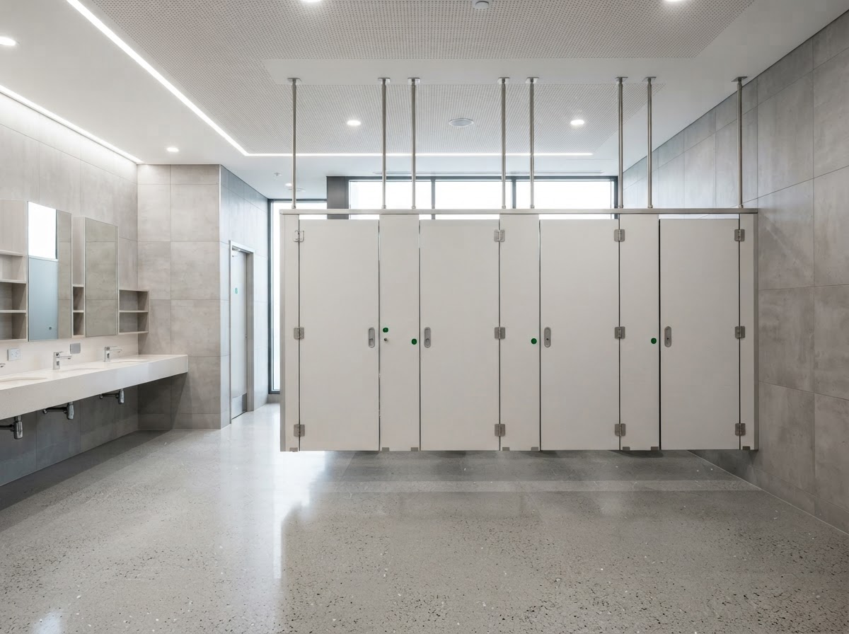 Ceiling hung toilet cubicles in a modern washroom
