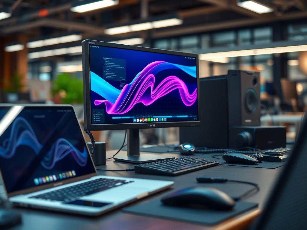 A close up shot of a modern computer workstation with