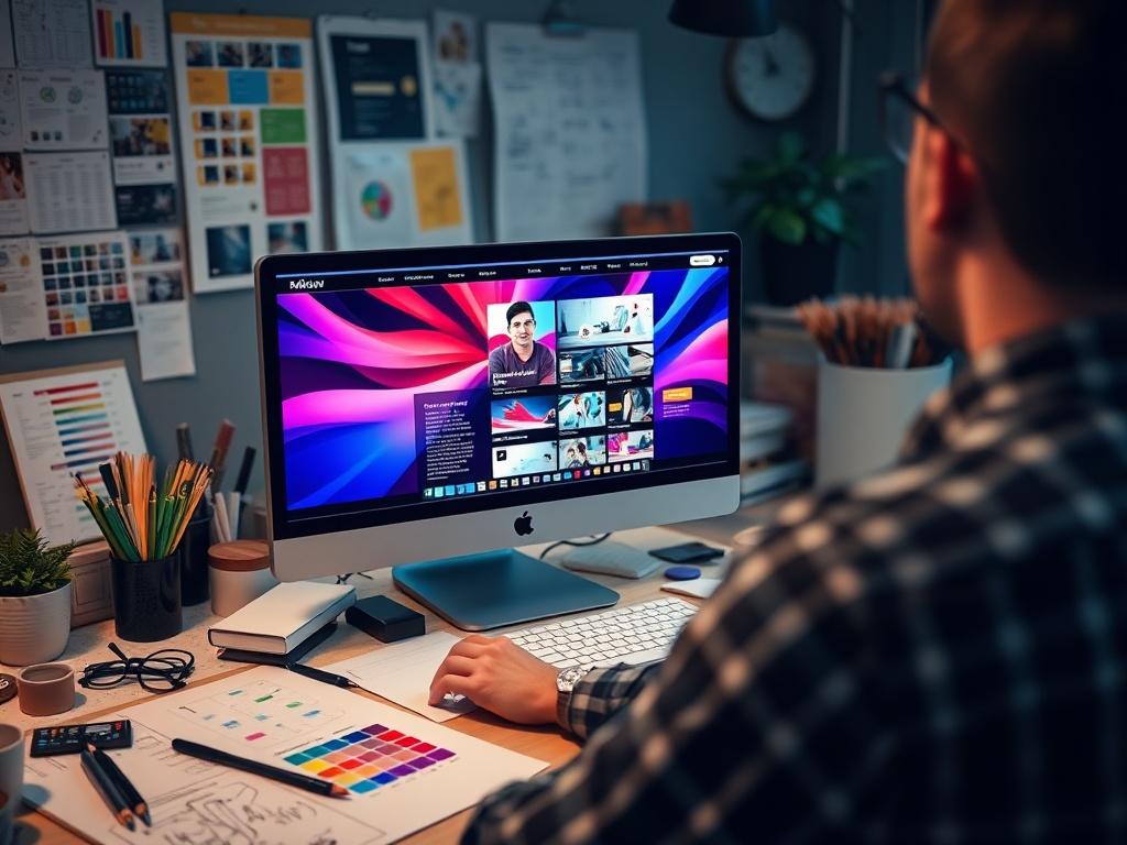 A creative professional designing a website on a computer