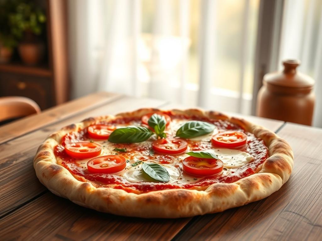 A classic Margherita pizza, showcasing a golden crust, fresh mozzarella