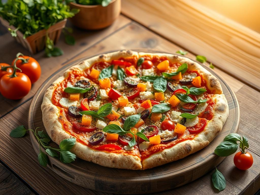 A vibrant vegan pizza topped with colorful vegetables, a sprinkle