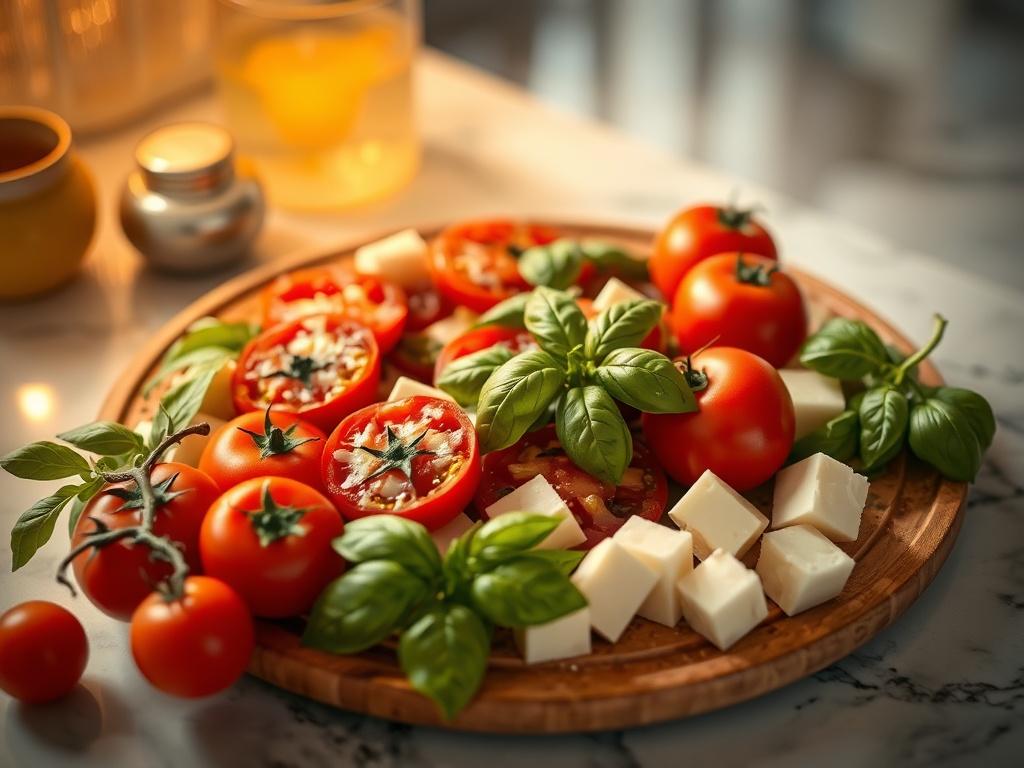 A beautifully arranged platter of fresh ingredients used for making pizza, including vibrant red tomatoes, green bell peppers, fresh basil, and chunks of cheese. The ingredients are displayed on a marble countertop with soft lighting, creating a serene and appetizing atmosphere.