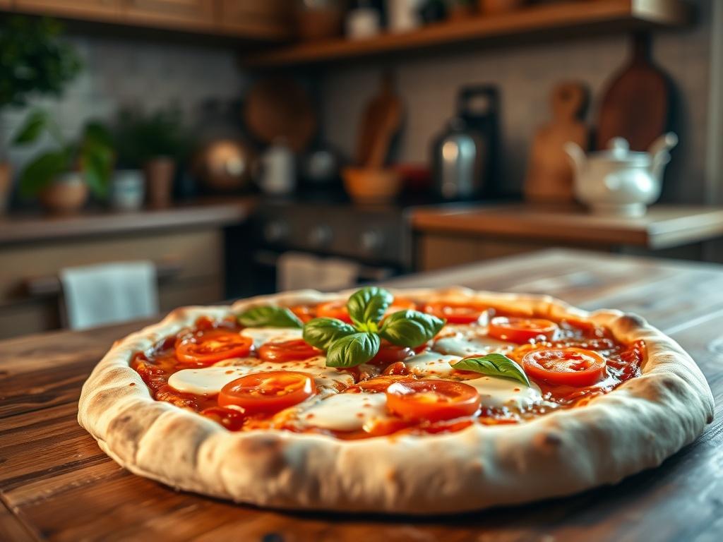 A close-up shot of a freshly baked Margherita pizza, topped with vibrant red tomatoes, fresh green basil leaves, and melted mozzarella cheese. The pizza is placed on a rustic wooden table with soft lighting creating a warm, inviting atmosphere. The background features a cozy kitchen setting, emphasizing a home-cooked feel.