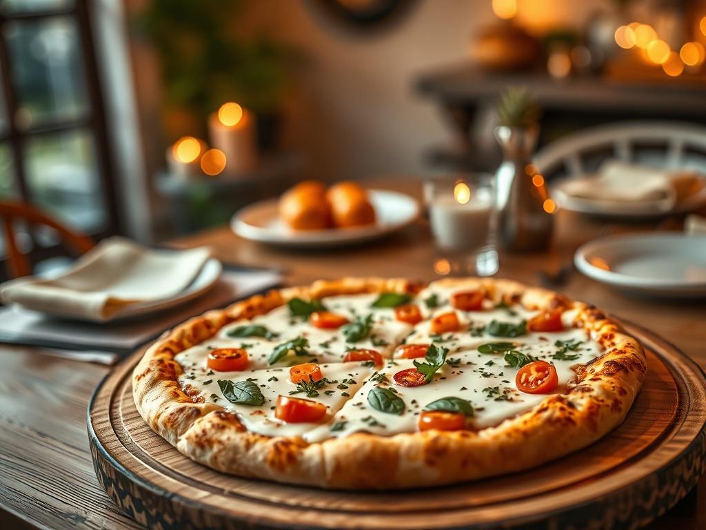 An artistic view of a La Crema pizza, showcasing its creamy white sauce, topped with fresh vegetables and herbs. The pizza is displayed on a round wooden pizza board, with a blurred background of a dining table set for a cozy meal. Soft golden hues enhance the inviting ambiance.