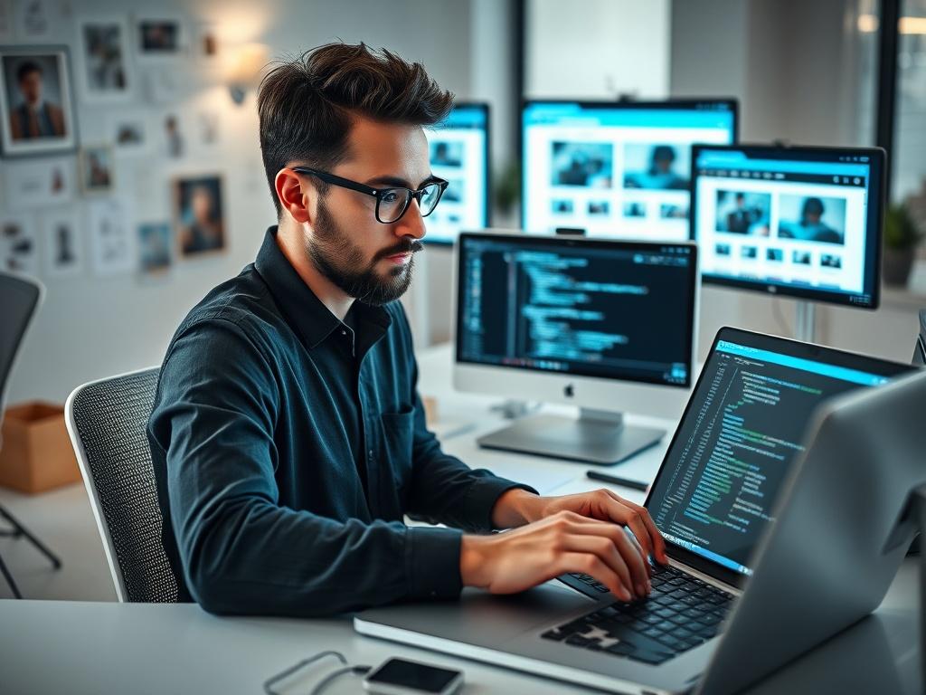 A modern web developer focusing on coding a website, surrounded