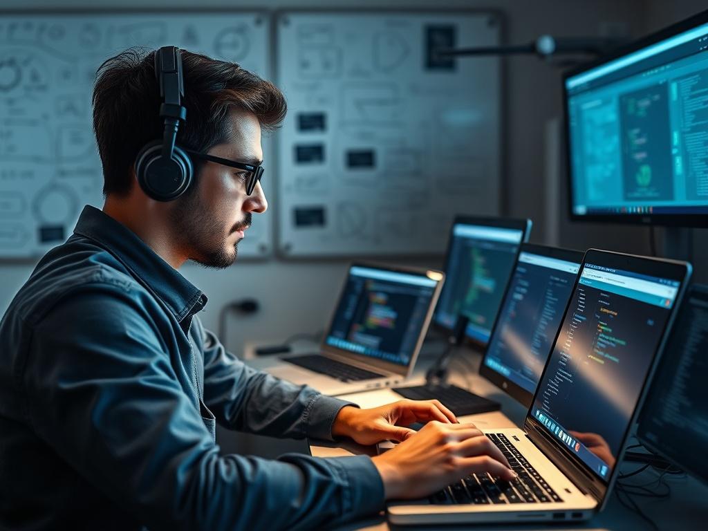 A software engineer working on a custom web application, surrounded