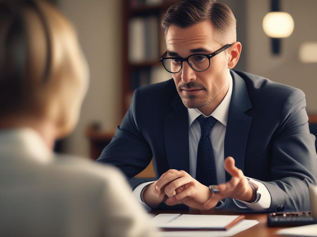 close up of a consultant advising a client, focused expression,