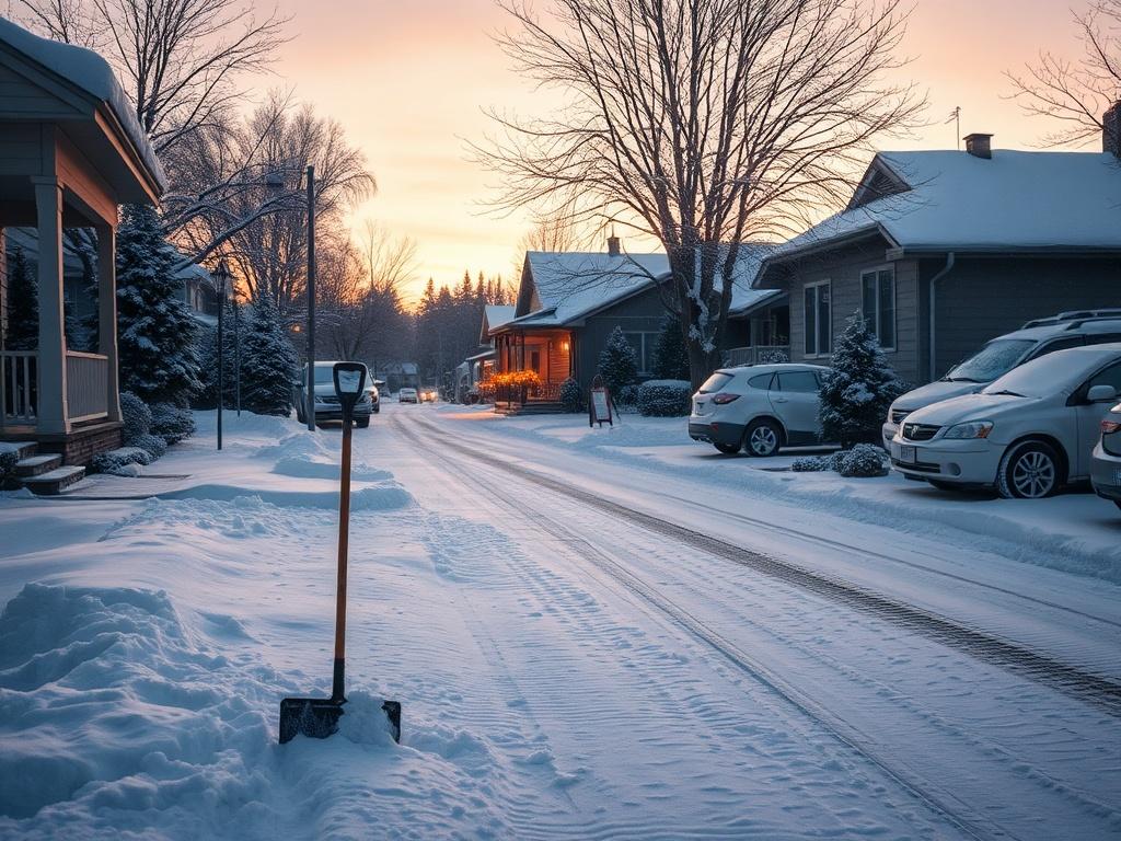 A serene residential neighborhood blanketed in fresh snow, showcasing a clear, wide driveway and neatly cleared walkways. In the foreground, a single snow shovel rests against a snow-covered porch, while a cozy home with warm lights shines in the background. The scene captures the essence of winter tranquility, with snow-laden trees lining the street, and a soft, glowing sunset casting a warm hue over the landscape.