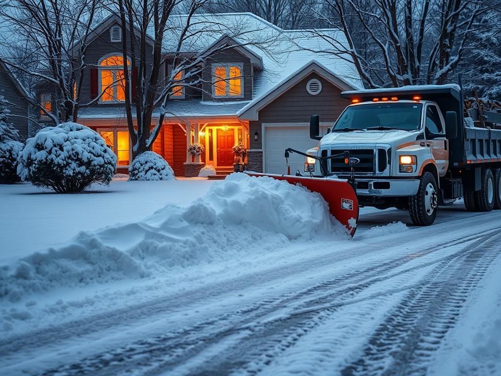 A realistic high-resolution image of a snow-covered residential driveway being cleared by a professional snow removal service. The scene should depict the snow removal truck with a plow in action, showcasing the snow being pushed aside. The background should include a cozy suburban home with warm lights glowing from the windows, surrounded by snow-laden trees, creating a warm and inviting winter atmosphere. The primary color #136A5C should subtly blend with the earthy tones of the snow and home.