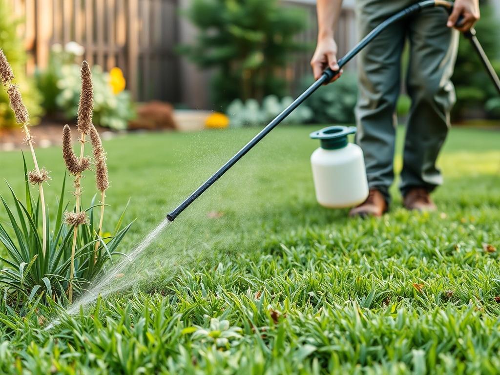 A professional applying lawn treatment with a sprayer, focusing on areas with visible weeds and pests. The background features a well-groomed lawn, demonstrating the effectiveness of the service in maintaining a healthy green space.