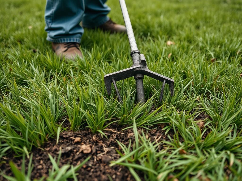 A close-up shot of a lush lawn being aerated, showing the grass roots and soil being disturbed. The gardener is using a specialized aeration tool, and the scene conveys a sense of rejuvenation and care for the environment.