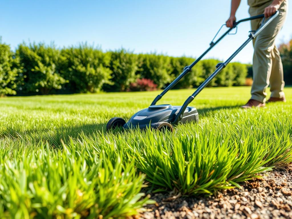 A lush, green lawn being mowed by a professional landscaper. The scene captures the vibrant colors of the grass and well-defined edges, showcasing the care and precision involved in lawn maintenance. A clear blue sky in the background adds to the aesthetic appeal.