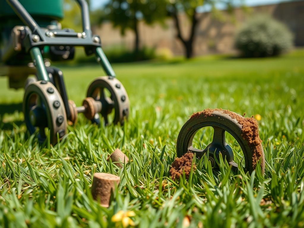 An image of a green lawn being aerated, with a