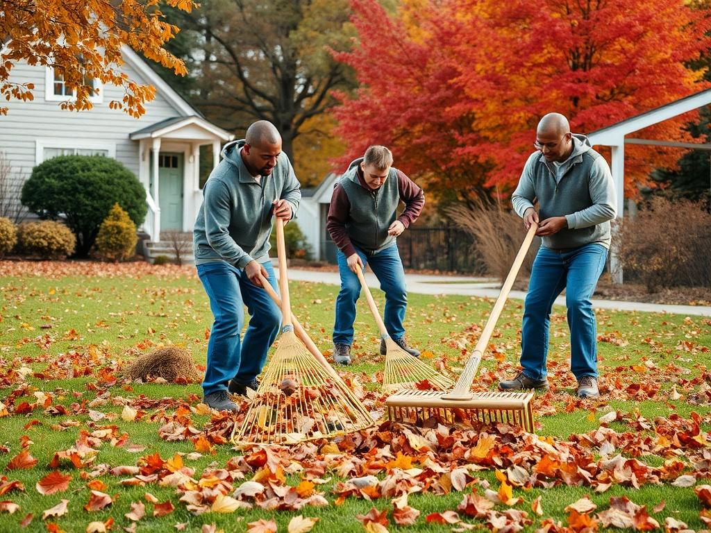A picturesque autumn scene featuring a team of professionals raking