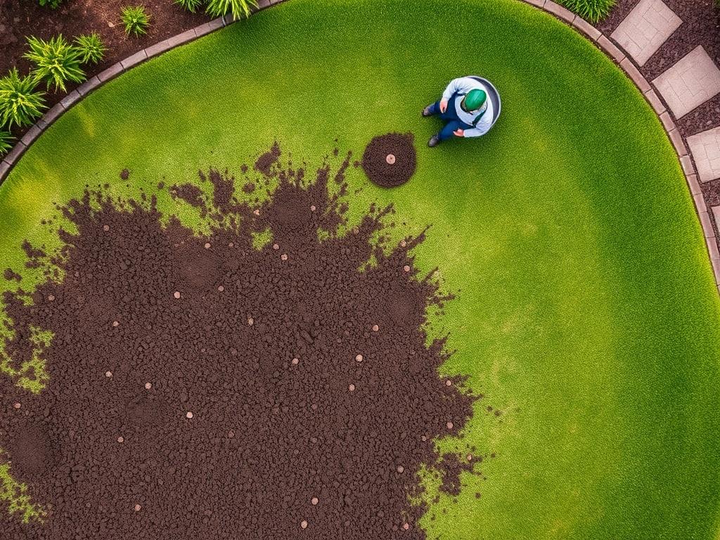 Aerial view of a lawn being aerated, with visible soil