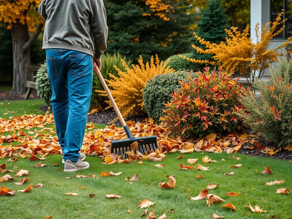 A serene autumn scene with a landscape professional clearing fallen