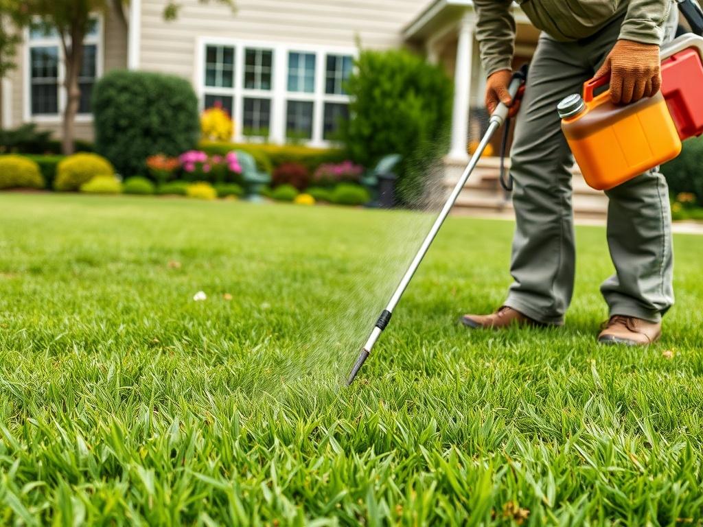 A landscape technician applying weed and pest control treatments on