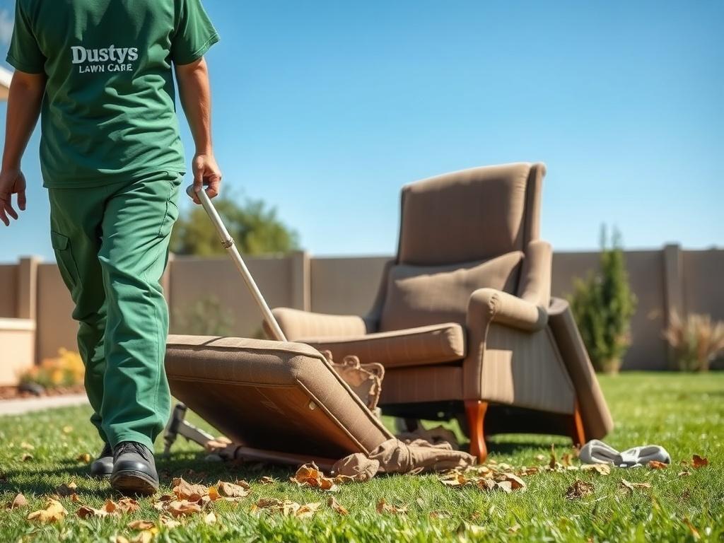 A clean, organized backyard with a single focus on a worker in a green Dustys Lawn Care uniform, actively removing junk and debris. The worker is lifting a broken piece of furniture, surrounded by scattered leaves and small debris on the ground. The background showcases a clear blue sky and a well-maintained lawn, emphasizing a clean and tidy environment.