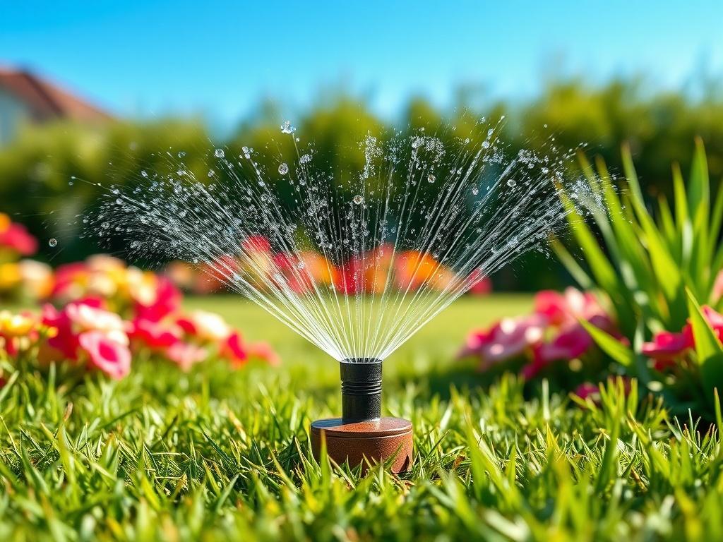 A realistic high-resolution image of a newly installed sprinkler system in a lush green lawn. The composition focuses on the sprinkler head with water spraying out, surrounded by healthy grass and flower beds. The background showcases a clear blue sky, emphasizing a bright sunny day. The overall tone is earthy and natural, highlighting the beauty of a well-maintained garden.