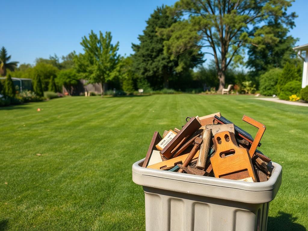 A realistic high-resolution photo showcasing a clean, organized outdoor space after a junk and debris removal. The image should depict a well-kept lawn with no clutter, surrounded by lush greenery and a clear blue sky. In the foreground, there should be a neatly arranged pile of removed junk (like old furniture and yard waste) in a recycling container, emphasizing the clean environment. The overall composition should reflect an earthy, rustic aesthetic with natural tones.