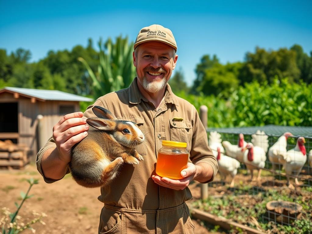 A rustic farm scene showcasing a farmer holding a healthy
