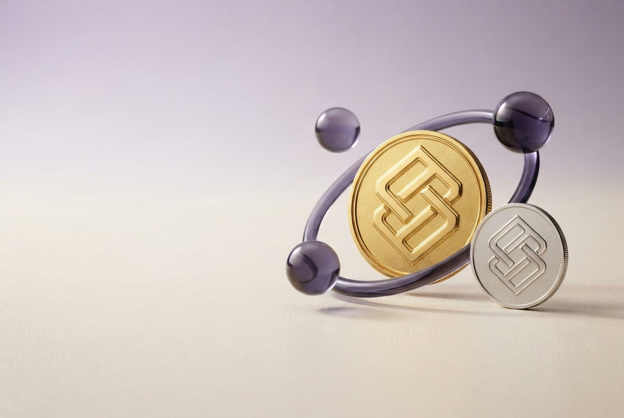 Sculptural gold and silver coins with a modern violet accent