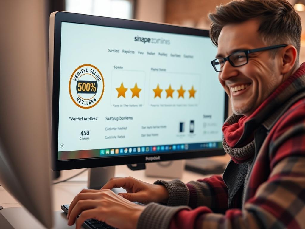 An engaging image of a satisfied customer shopping online, with