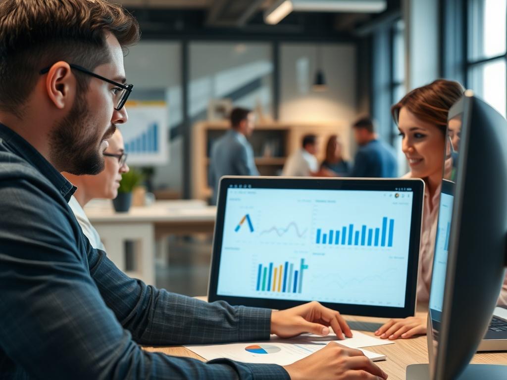 A close up image of a team analyzing performance reports