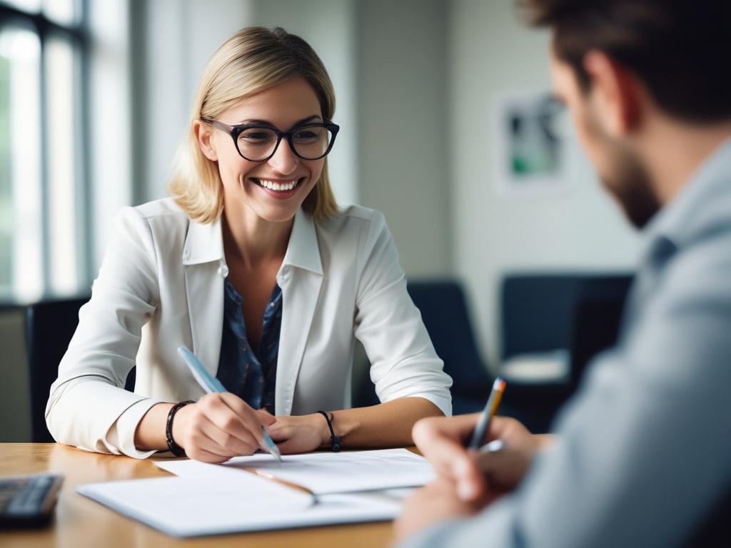 A focused close up of a career coach discussing options