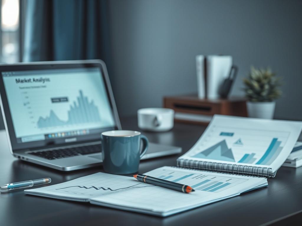 A realistic high-resolution photo of a real estate market analysis toolkit displayed on a desk, featuring a laptop, a notepad with graphs, and a coffee mug. The image should convey a professional and analytical atmosphere, with cool tones of blue and gray.
