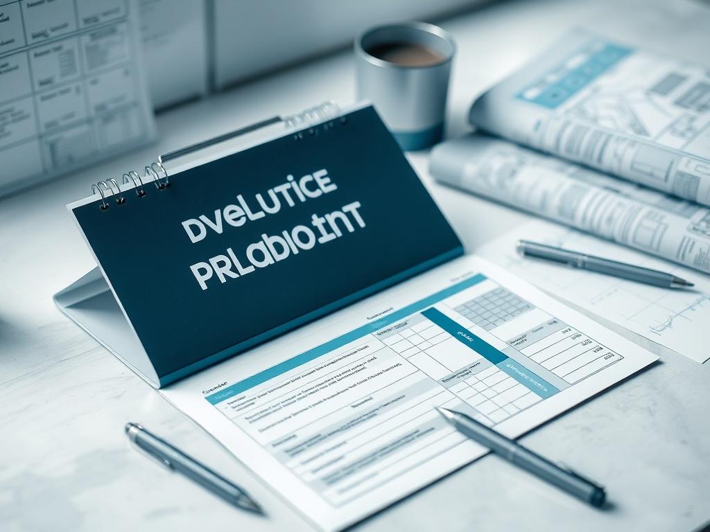 A realistic high-resolution photo of a development project planner open on a desk, accompanied by a blueprint and a pen. The scene should evoke a sense of organization and clarity, with cool shades of blue and gray.