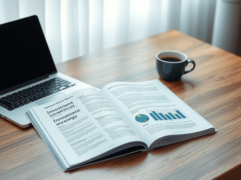 A realistic high-resolution photo of an open investment strategy guide on a wooden desk, with a laptop and a cup of coffee in the background. The setting is well-lit, showcasing a calm and professional environment in cool-toned shades of blue and gray.