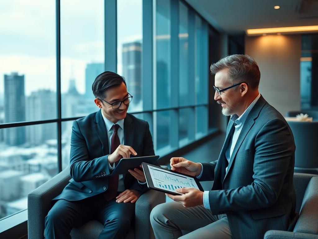 An investment advisor meeting with a client, reviewing financial charts and property listings on a tablet, with a sleek office ambiance showcasing a city view. The image has cool tones of blue and gray.