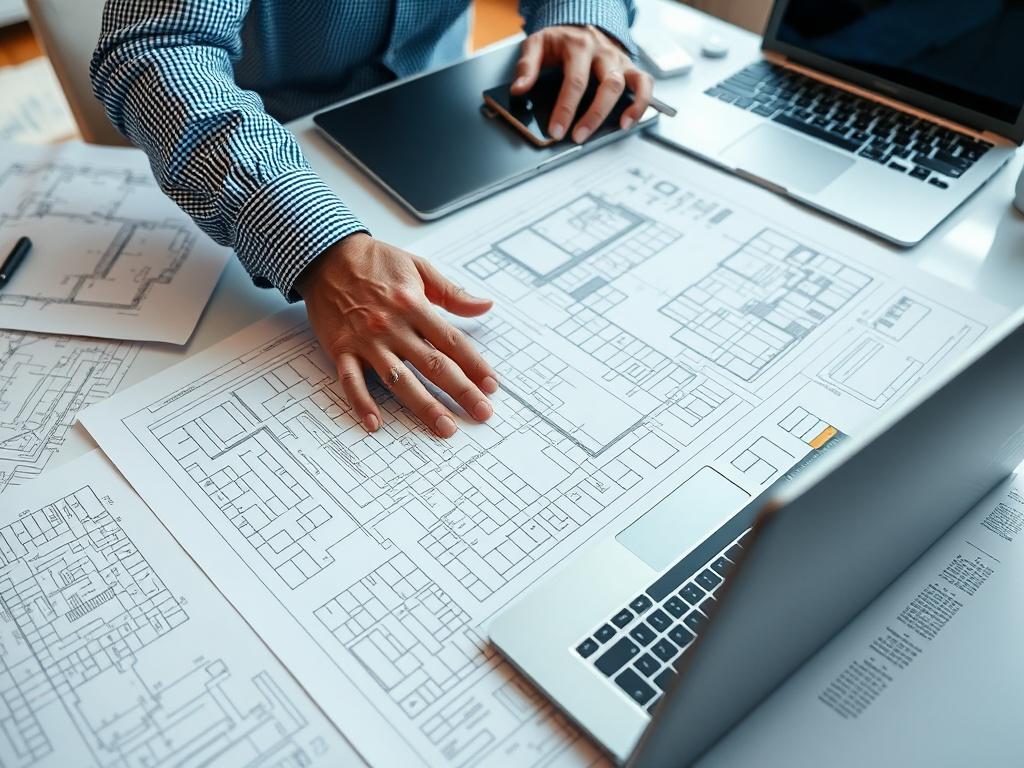 A close up image of an architect's hands analyzing blueprints