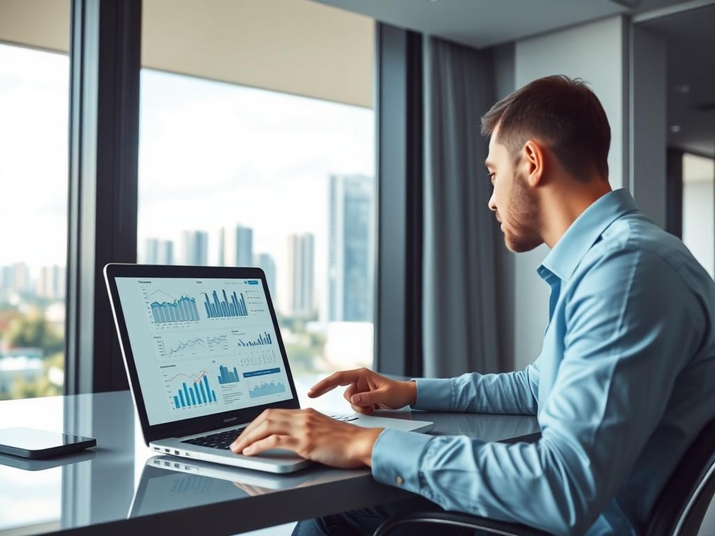 A professional real estate advisor analyzing property data on a laptop, with charts and graphs displayed on the screen. The setting is a sleek, modern office with large windows showing a view of Honolulu's skyline. The overall color scheme is cool-toned, featuring rich blues and soft grays.