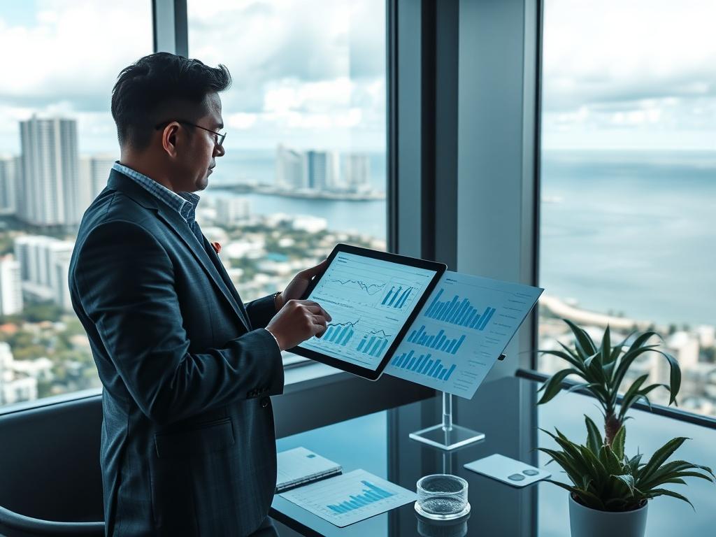 A real estate analyst reviewing market data on a tablet, surrounded by charts and graphs. The setting is a contemporary office with a view of the Honolulu coastline. The atmosphere is professional, with cool-toned colors of blue and gray dominating the scene.