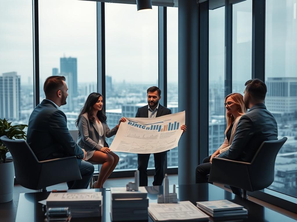 A development consultant presenting a project plan to a diverse team in a modern conference room. The background features large windows overlooking a cityscape, and the room is filled with blueprints and architectural models. The setting is cool-toned with shades of blue and gray.