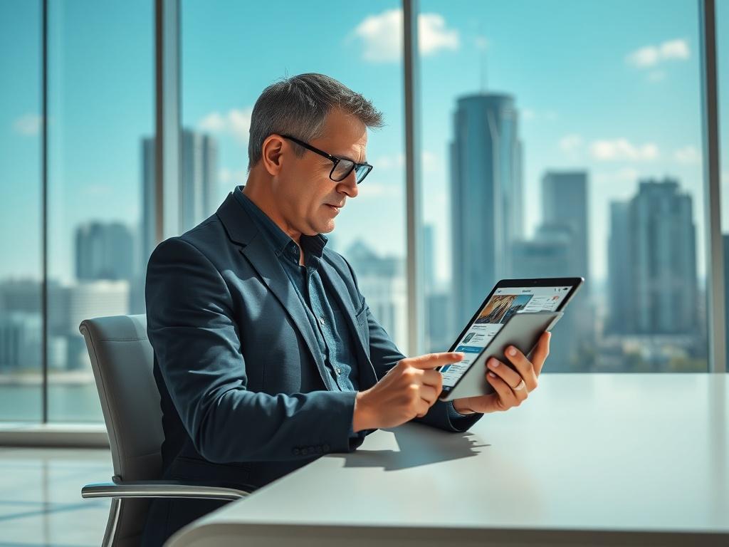 **Prompt for AI Image Generation:**

Create a realistic high-resolution photo depicting a single subject in the foreground: a confident and knowledgeable real estate investor in a smart-casual outfit, looking intently at a modern tablet displaying property listings. The investor, a middle-aged Caucasian man with short hair and glasses, should be seated at a sleek, minimalistic desk with the tablet prominently in hand. 

The background should depict a bright, airy office space with large windows that let in 