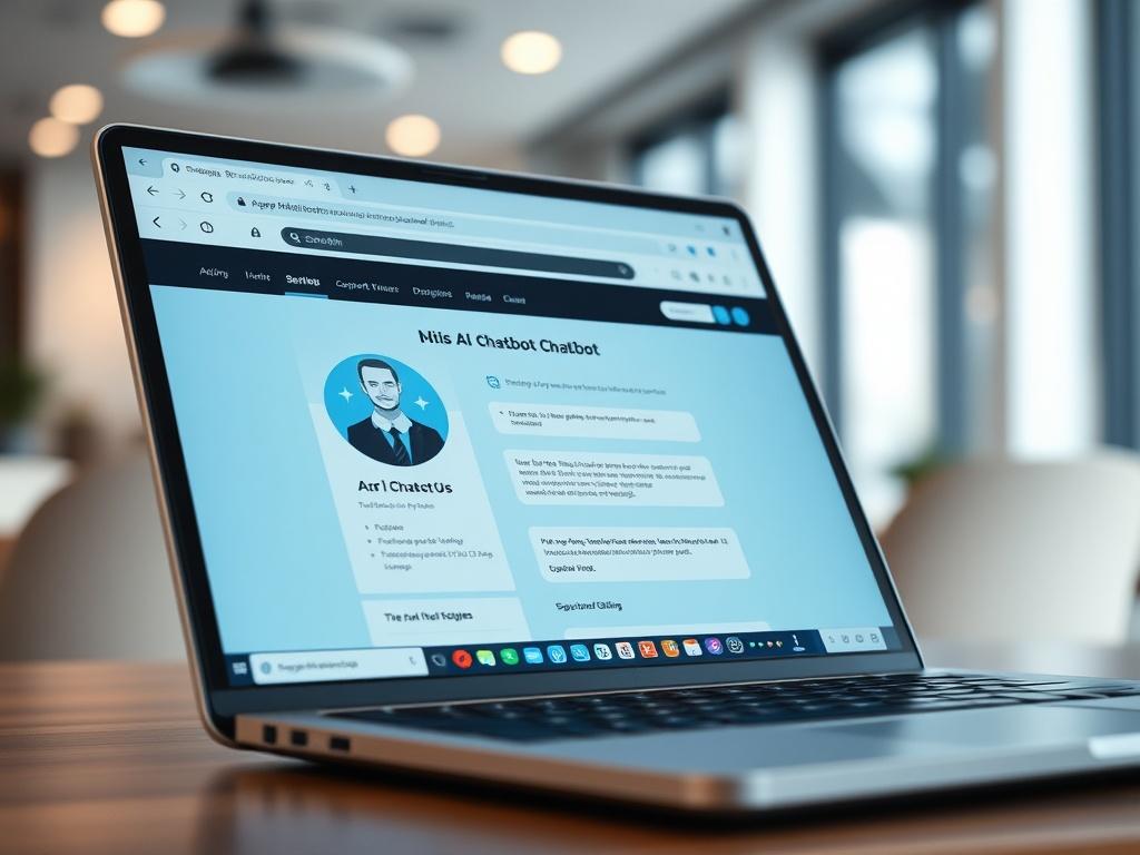 A hyper-realistic close-up of a laptop screen showcasing an AI chatbot interface on a website. The background is softly blurred and features a modern office setting, enhancing the focus on the technology.