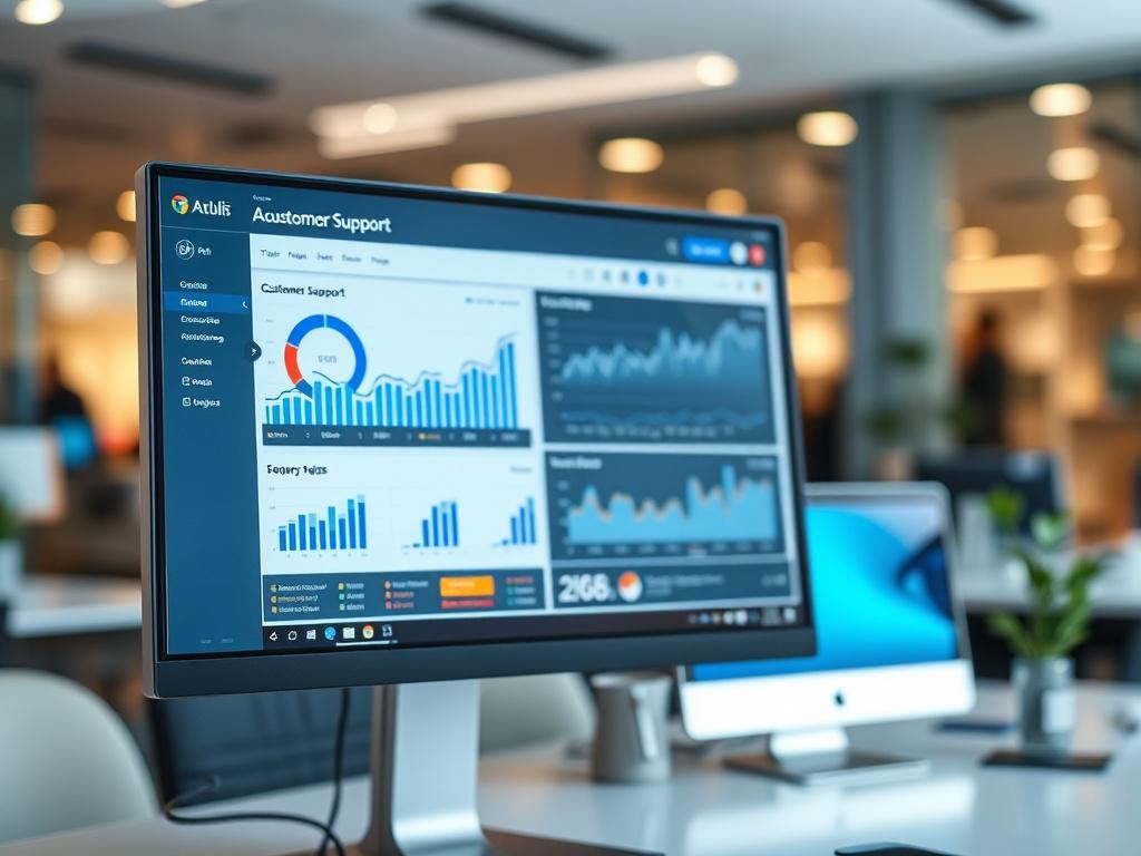 A high-resolution close-up of a computer monitor displaying an AI customer support dashboard with analytics. The office background is softly blurred, highlighting the advanced technology in use.