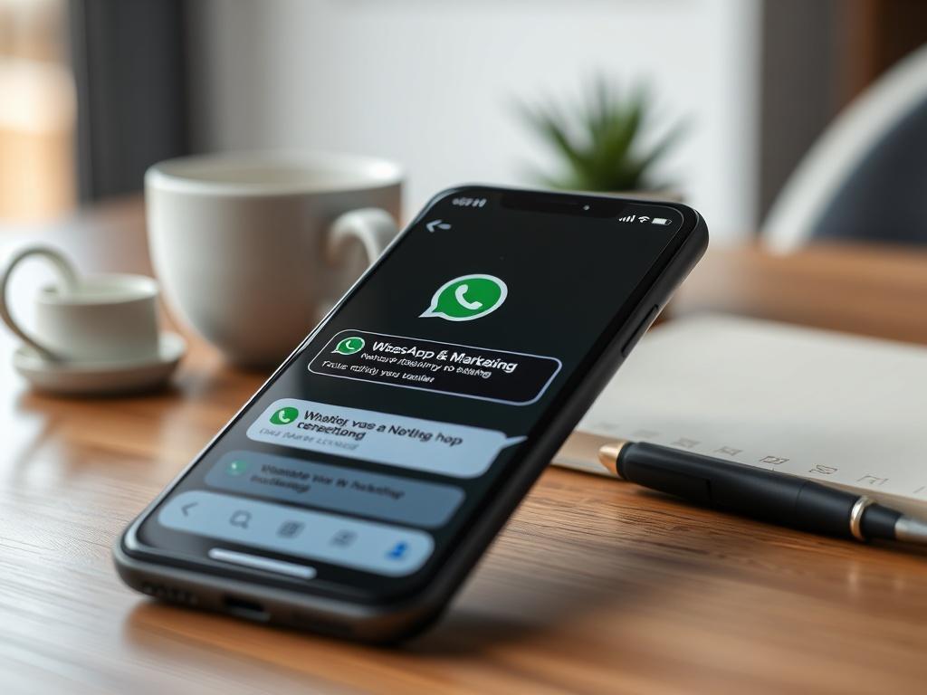 A close-up shot of a smartphone displaying a WhatsApp chat interface with vibrant marketing messages. The background is softly blurred to emphasize the phone, showcasing a modern and inviting workspace with elements like a coffee cup and notebook.